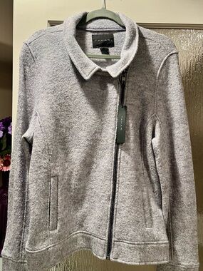 Tahari Women's light Gray wool Asymmetrical Zip Moto Long Jacket